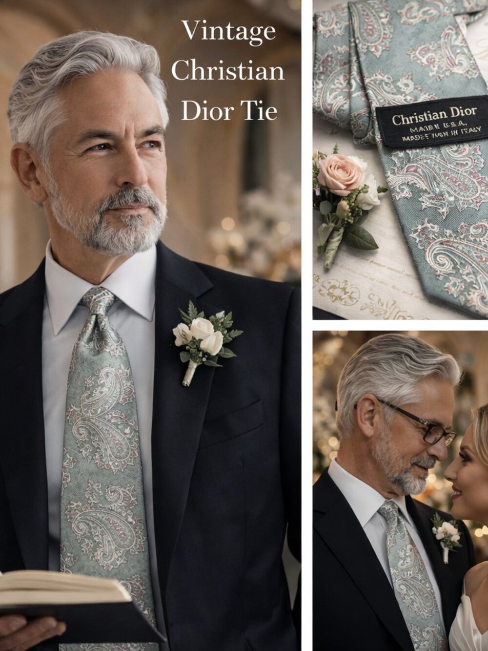 Vintage Christian Dior Silk Tie Made in USA Fabric Woven in Italy Sage Paisley - Picture 1 of 7